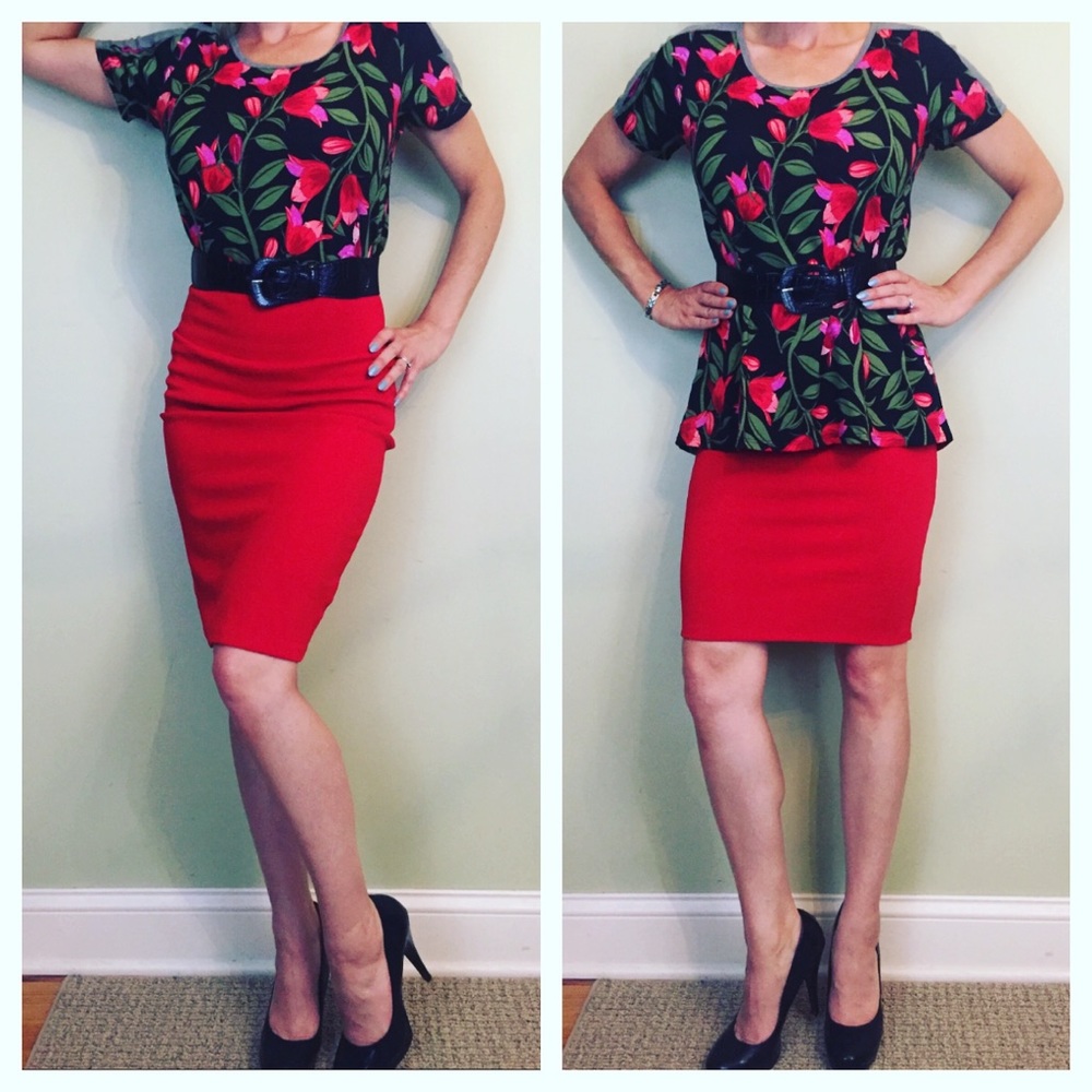 Outfit RED Pencil Skirt & Tulip Top Lularoe Classic T & Cassie